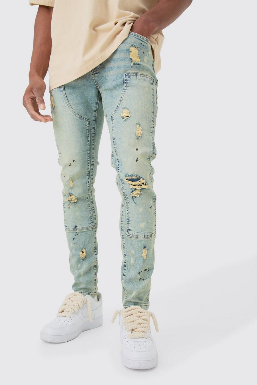 Skinny Stretch Ripped Carpenter Jeans In Antique Blue | boohoo Skinny Stretch Ripped Carpenter Jeans In Antique Blue | boohoo